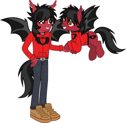 Size: 2967x2889 | Tagged: safe, artist:lightningbolt, derpibooru exclusive, derpibooru import, bat pony, human, pony, equestria girls, .svg available, bat wings, belt, clandestine industries, clothes, denim, duo, duo male, ear fluff, ears, emo, equestria girls-ified, eyeliner, fall out boy, fangs, flying, grin, happy, hoodie, hoof in hand, human ponidox, humanized, jeans, jewelry, long sleeves, looking at each other, looking at someone, makeup, male, necklace, pants, pete wentz, ponied up, ponified, self paradox, self ponidox, shirt, shoes, show accurate, simple background, smiling, species swap, spread wings, stallion, standing, svg, tail, tailed humanization, transparent background, undershirt, vector, wings