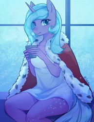 Size: 2550x3300 | Tagged: safe, artist:tabithaqu, derpibooru import, idw, radiant hope, anthro, unicorn, cape, clothes, cup, dress, female, looking at you, mare, sitting, solo, sombra's cape