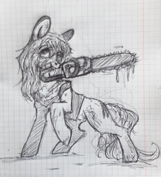 Size: 1920x2116 | Tagged: safe, artist:starkey, derpibooru import, earth pony, pony, chainsaw man, injured, insanity, insanity face, mia winters, ponified, resident evil, saw, smiling, solo, species swap, traditional art