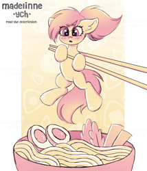 Size: 3684x4298 | Tagged: safe, artist:madelinne, derpibooru import, pony, blushing, bowl, commission, egg, food, imminent vore, noodles, person as food, ramen, salad, shocked, sketch, solo, sticks, your character here