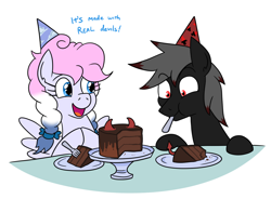 Size: 1486x1094 | Tagged: safe, artist:jargon scott, derpibooru import, oc, oc:blood stain, oc:heavy weather, earth pony, pegasus, birthday, birthday cake, cake, cute, devil horns, dialogue, earth pony oc, food, fork, hat, horns, party hat, pegasus oc, simple background, white background