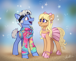 Size: 2328x1883 | Tagged: safe, artist:helmie-art, derpibooru import, earth pony, pony, barbie, barbie (film), bow, bracelet, clothes, crossover, dress, ear fluff, ear piercing, earring, ears, grin, hair bow, headband, hoodie, hoof shoes, jewelry, ken, looking at each other, looking at someone, necklace, open mouth, piercing, pink eyes, ponified, purple eyes, sand, skirt, smiling, species swap, standing, stars, sundress, sweatshirt