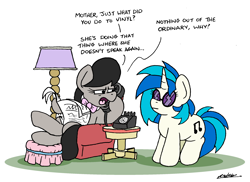 Size: 2463x1792 | Tagged: safe, artist:bobthedalek, derpibooru import, dj pon-3, octavia melody, vinyl scratch, earth pony, pony, unicorn, chair, crossed legs, dialogue, duo, female, hoof hold, lamp, mare, mute, mute vinyl, newspaper, offscreen character, phone, simple background, sitting, vinyl's glasses, white background