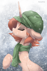 Size: 4000x6000 | Tagged: safe, artist:natanvok, derpibooru import, oc, oc only, pony, unicorn, cigarette, clothes, female, hat, mare, scarf, smoking, snow, snowfall, solo