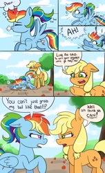 Size: 3190x5240 | Tagged: safe, artist:galaxy swirl, derpibooru import, applejack, rainbow dash, earth pony, pegasus, pony, comic:applecrash, alternate hairstyle, apple, appledash, biting, comic, duo, female, food, lesbian, pigtails, ponytail, shipping, tail, tail bite, tail pull, teenager