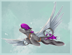 Size: 2848x2194 | Tagged: safe, artist:themstap, derpibooru import, oc, oc only, oc:sky slash, pegasus, pony, commission, female, flying, heterochromia, mare, pegasus oc, solo, technology