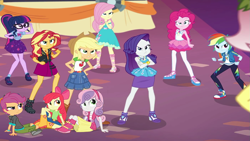 Size: 1197x676 | Tagged: safe, derpibooru import, edit, edited screencap, editor:incredibubbleirishguy, screencap, apple bloom, applejack, fluttershy, pinkie pie, rainbow dash, rarity, sci-twi, scootaloo, sunset shimmer, sweetie belle, twilight sparkle, better together, equestria girls, rollercoaster of friendship, angry, apple sisters, clothes, confrontation, converse, cropped, cutie mark crusaders, female, fluttershy boho dress, humane five, humane seven, humane six, rah rah skirt, rarity peplum dress, shoes, siblings, sisters, skirt, unamused