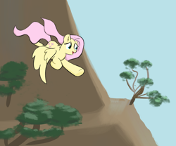 Size: 1200x1000 | Tagged: safe, artist:marrsund, derpibooru import, fluttershy, pegasus, pony, g4, female, flying, mare, open mouth, scenery, sky, smiling, solo, tree