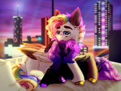 Size: 4275x3197 | Tagged: safe, artist:hell-fire13, derpibooru import, oc, oc only, pegasus, pony, building, colored wings, duo, hoof polish, indoors, multicolored hair, night, nuzzling, oc x oc, pegasus oc, rainbow hair, shipping, two toned wings, wings