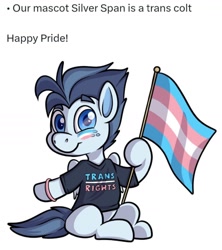 Size: 1496x1688 | Tagged: safe, oc, oc:silver span, pegasus, pony, babscon, bracelet, clothes, colored eyebrows, colt, english, face paint, flag, freckles, holding, jewelry, lgbt, lgbtq, male, pride, pride flag, pride month, raised eyebrow, raised eyebrows, simple background, sitting, smiling, solo, text, trans male, trans rights, transgender, transgender pride flag, white background, wings