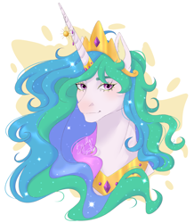 Size: 2480x2840 | Tagged: safe, artist:redfoxii, derpibooru import, princess celestia, alicorn, pony, abstract background, bust, crown, ethereal mane, female, horn, horn jewelry, jewelry, mare, peytral, portrait, regalia, signature, smiling, solo