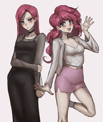 Size: 3133x3692 | Tagged: safe, artist:shrimpring, derpibooru import, pinkie pie, human, choker, clothes, duality, duo, female, humanized, pinkamena diane pie, shorts, simple background, smiling, waving