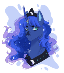 Size: 2480x2840 | Tagged: safe, artist:redfoxii, derpibooru import, princess luna, alicorn, pony, abstract background, bust, coat markings, crown, ethereal mane, facial markings, female, horn, horn jewelry, jewelry, mare, peytral, portrait, regalia, signature, solo, star (coat marking)