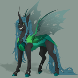 Size: 3000x3000 | Tagged: safe, artist:redfoxii, derpibooru import, queen chrysalis, changeling, changeling queen, angry, female, gray background, scowl, shadow, sharp teeth, signature, simple background, solo, spread wings, teeth, wings