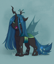 Size: 910x1080 | Tagged: safe, artist:redfoxii, derpibooru import, queen chrysalis, changeling, changeling queen, chibi, cute, cutealis, female, green background, open mouth, open smile, signature, simple background, smiling, solo