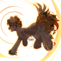 Size: 2500x2500 | Tagged: safe, alternate version, artist:medkit, derpibooru import, oc, oc only, oc:sunny winds, pegasus, pony, bracelet, butt, colored eyebrows, colored eyelashes, colored hooves, colored lineart, colored muzzle, colored pupils, colored wings, dandelion, ear fluff, ears, ears up, eye clipping through hair, eyebrows, eyebrows visible through hair, feathered wings, female, flower, flower in hair, folded wing, freckles, full body, green eyes, high res, hoof fluff, horseshoes, jewelry, leaves, leaves in hair, leg fluff, long tail, looking at you, looking back, looking back at you, mare, open mouth, open smile, pegasus oc, perspective, plot, raised hoof, raised leg, rear view, running, short mane, signature, simple background, smiling, solo, spread wings, stars, sternocleidomastoid, tail, teeth, two toned coat, two toned mane, two toned tail, wall of tags, watermark, white background, wing fluff, wings