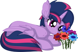 Size: 7878x5225 | Tagged: safe, artist:cyanlightning, derpibooru import, oc, oc only, oc:dahlia, alicorn, pony, .svg available, absurd resolution, female, flower, lying down, mare, not twilight sparkle, prone, simple background, solo, transparent background, vector