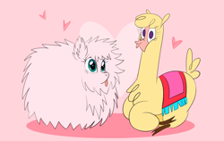 Size: 3800x2400 | Tagged: safe, artist:nonameorous, derpibooru import, paprika paca, oc, oc:fluffle puff, them's fightin' herds, cloven hooves, community related, crossover, duo, heart, pink background, simple background, sitting, tongue, tongue out