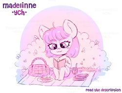 Size: 3475x2640 | Tagged: safe, artist:madelinne, derpibooru import, anthro, basket, book, bush, chibi, commission, drink, food, picnic basket, picnic blanket, sitting, sketch, smiling, solo, your character here