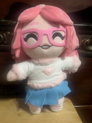 Size: 3024x4032 | Tagged: safe, artist:mixermike622, artist:youtooz, derpibooru import, oc, oc only, oc:fluffle puff, human, ^^, clothes, eyes closed, female, glasses, humanized, irl, merchandise, photo, pink hair, plushie, skirt, smiling, youtooz