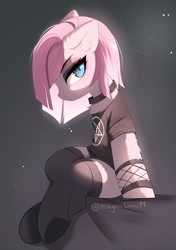 Size: 2842x4035 | Tagged: safe, artist:magnaluna, derpibooru import, pinkie pie, earth pony, pony, clothes, collar, female, looking at you, looking sideways, mare, pentagram, pinkamena diane pie, profile, shirt, side view, sitting, stockings, t-shirt, thigh highs, underhoof