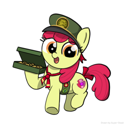 Size: 2048x2048 | Tagged: safe, artist:super-dead, derpibooru import, apple bloom, earth pony, pony, cookie, female, filly, filly guides, foal, food, hat, looking at you, open mouth, scout uniform, simple background, solo, white background