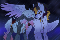 Size: 2400x1605 | Tagged: safe, artist:ruru_01, derpibooru import, oc, oc only, oc:skye setter, oc:sunlight, pegasus, pony, commission, couple, female, folded wings, looking at each other, looking at someone, rain, smiling, smiling at each other, spread wings, wings