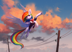 Size: 4112x3000 | Tagged: safe, artist:koviry, derpibooru import, rainbow dash, pegasus, pony, clothes, cloud, flying, sky, solo, telephone pole