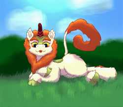 Size: 640x557 | Tagged: safe, artist:gosha305, derpibooru import, autumn blaze, kirin, :3, :p, cheek fluff, chest fluff, crossed hooves, ear fluff, ears, eyebrows, eyelashes, fluffy, fluffy mane, full body, hooves, horn, looking at you, lying down, on side, solo, tongue, tongue out, unshorn fetlocks