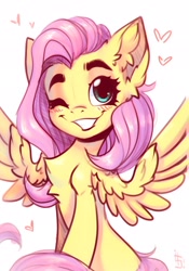Size: 1430x2048 | Tagged: safe, artist:falafeljake, derpibooru import, fluttershy, pegasus, pony, g4, blushing, chest fluff, cute, ear fluff, ears, eyebrows, female, looking at you, mare, one eye closed, shyabetes, signature, simple background, sitting, smiling, smiling at you, solo, spread wings, white background, wings, wink, winking at you