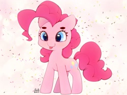 Size: 4000x3000 | Tagged: safe, artist:zokkili, derpibooru import, pinkie pie, earth pony, pony, :p, beanbrows, confetti, cute, diapinkes, eyebrows, female, high res, mare, signature, simple background, solo, tongue, tongue out, white background