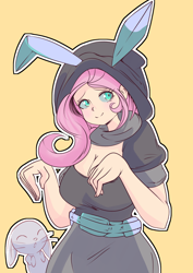 Size: 1116x1579 | Tagged: safe, artist:nijikih, derpibooru import, angel bunny, fluttershy, human, rabbit, animal, breasts, bunny ears, cleavage, clothes, costume, dangerous mission outfit, duo, duo male and female, female, hoodie, hootershy, humanized, male, outline, simple background, white outline, yellow background