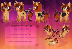 Size: 3012x2048 | Tagged: safe, artist:spookyle, derpibooru import, oc, oc:pumpkin patch, pony, unicorn, baby, baby pony, bow, female, filly, foal, mare, reference sheet, solo, tail, tail bow