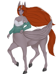 Size: 4200x5600 | Tagged: safe, artist:banshee_hime, derpibooru import, oc, oc only, oc:funny jo, alicorn, anthro, centaur, taur, equestria girls, alitaur, anthro centaur, breasts, centaur oc, cleavage, clothes, ear piercing, earring, female, heterochromia, horn, jacket, jewelry, long hair, piercing, simple background, solo, tanktop, transparent background, wings