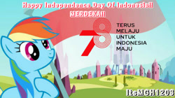 Size: 1920x1079 | Tagged: safe, derpibooru import, edit, edited edit, edited screencap, editor:itsmgh1203, screencap, rainbow dash, pegasus, pony, season 3, the crystal empire, crystal empire, derp, female, flag, hoof on chest, indonesia, indonesian independence day, mare, smiling, solo