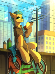 Size: 1898x2560 | Tagged: safe, artist:chamommile, derpibooru import, oc, oc only, earth pony, original species, pony, blue eyes, blue hair, blue mane, braid, city, cityscape, clothes, commission, ear fluff, ears, ears back, earth pony oc, graffiti, looking at you, sitting, smiling, smiling at you, solo, spray can, sun, train, ych result, yellow skin