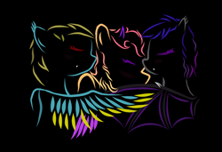 Size: 910x624 | Tagged: safe, artist:electric motor, derpibooru import, oc, oc only, oc:sopha rainbow, oc:катунь, oc:шилка, bat pony, hybrid, pegasus, bicolor wings, black background, fangs, horn, hug, shipping, simple background, two toned mane, wings