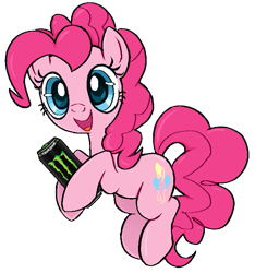 Size: 711x759 | Tagged: safe, artist:muffinz, derpibooru import, pinkie pie, earth pony, pony, caffeine, cute, diapinkes, drink, energy drink, female, holding, mare, monster, monster energy, open mouth, open smile, simple background, smiling, solo, transparent background