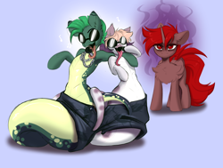 Size: 4096x3095 | Tagged: safe, artist:kebchach, derpibooru import, oc, oc:dalar, oc:hardy, oc:judith, alicorn, lamia, original species, pony, snake, snake pony, angry, chains, clothes, forked tongue, glasses, long tongue, male, pants, singing, stallion, tongue, tongue out