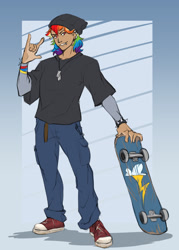Size: 1280x1784 | Tagged: safe, artist:chub-wub, derpibooru import, rainbow dash, human, alternate hairstyle, beanie, belt, clothes, converse, denim, devil horn (gesture), dog tags, ear piercing, earring, female, grin, hat, humanized, jeans, jewelry, lip piercing, one eye closed, pants, piercing, shirt, shoes, skateboard, smiling, snake bites, solo, spiked wristband, tan skin, tomboy, wink, wristband