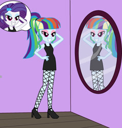 Size: 873x915 | Tagged: safe, artist:thewalrusclown, derpibooru import, rainbow dash, rarity, human, equestria girls, black dress, body swap, clothes, dress, high heels, makeover, makeup, mirror, ponytail, rainbow dash always dresses in style, shoes, smiling