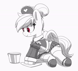Size: 2694x2463 | Tagged: safe, artist:pabbley, derpibooru import, rainbow dash, pegasus, pony, alternate hairstyle, bucket, clothes, female, grayscale, hair bun, maid, maid headdress, mare, monochrome, partial color, rainbow maid, simple background, sitting, smiling, solo, white background