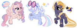 Size: 3000x1126 | Tagged: safe, artist:dixieadopts, derpibooru import, oc, oc only, oc:pastel sky, oc:star crash, oc:terranova, hybrid, pegasus, pony, bandage, bandaid, bandaid on nose, beanbrows, bipedal, blaze (coat marking), blue eyes, closed mouth, coat markings, colored hooves, colored wings, colored wingtips, ear piercing, earring, eyebrows, eyeshadow, facial markings, female, flying, folded wings, freckles, glasses, golden eyes, hair over eyes, head turn, hippogriff hybrid, hoof polish, hybrid oc, interspecies offspring, jewelry, leg feathers, leg freckles, lidded eyes, looking at you, magical lesbian spawn, makeup, mare, multicolored wings, offspring, open mouth, parent:fluttershy, parent:photo finish, parent:spitfire, parent:star tracker, parent:terramar, parent:twilight sparkle, parents:fluttermar, parents:spittracker, parents:twifinish, pegasus oc, piercing, raised hoof, raised leg, round glasses, simple background, smiling, socks (coat marking), sparkly mane, sparkly tail, spread wings, sunglasses, tail, transparent background, unshorn fetlocks, wings