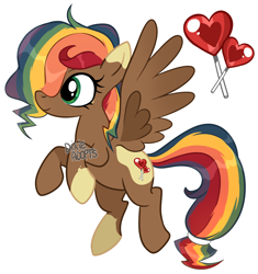 Size: 2000x2124 | Tagged: safe, artist:dixieadopts, derpibooru import, oc, oc:cinnamon dawn, pegasus, pony, body markings, closed mouth, coat markings, colored eartips, colored wings, female, flying, freckles, green eyes, mare, multicolored hair, multicolored wings, offspring, parent:donut joe, parent:rainbow dash, parents:donutdash, rainbow hair, simple background, smiling, socks (coat marking), solo, spread wings, transparent background, wings