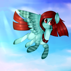 Size: 1500x1500 | Tagged: safe, artist:oniiponii, derpibooru import, oc, oc only, pegasus, pony, clothes, collar, eye clipping through hair, female, flying, mare, pegasus oc, socks, solo, striped socks, wings