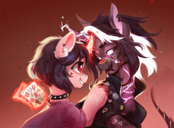 Size: 2050x1512 | Tagged: safe, artist:jewellier, derpibooru import, oc, oc only, pony, unicorn, abstract background, art trade, black sclera, choker, clothes, couple, duo, duo male and female, ear piercing, earring, female, glowing, glowing horn, horn, jewelry, looking at each other, looking at someone, magic, magic aura, male, mare, particles, piercing, spiked choker, stallion, sticker, unicorn oc, unshorn fetlocks, yuumi