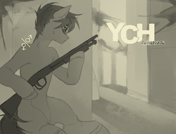 Size: 4316x3276 | Tagged: safe, artist:teturirusu, derpibooru import, pony, any gender, any race, any species, commission, gun, hiding, shotgun, sitting, solo, weapon, your character here