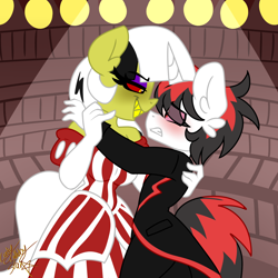 Size: 2000x2000 | Tagged: safe, artist:ladylullabystar, derpibooru import, oc, oc only, oc:carnival cat, oc:zaknel, anthro, blushing, clothes, dancing, dress, dubious consent, female, gloves, male, mare, scared, signature, size difference, smaller male, smiling, stallion, straight, suit