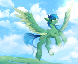 Size: 4249x3485 | Tagged: safe, artist:chamommile, derpibooru import, oc, oc only, oc:distant skies, bird, pegasus, pony, cloud, colored wings, commission, flying, high res, outdoors, pixelated, river, scenery, signature, sky background, solo, two toned wings, unshorn fetlocks, water, wings, ych result