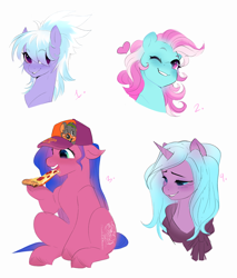Size: 2344x2754 | Tagged: safe, artist:aztrial, derpibooru import, idw, cloudchaser, minty, radiant hope, oc, earth pony, pegasus, pony, unicorn, g1, g3, g4, baseball cap, bust, cap, chuck e cheese pony, chuck e. cheese, eating, food, hat, hoof hold, pizza, simple background, white background